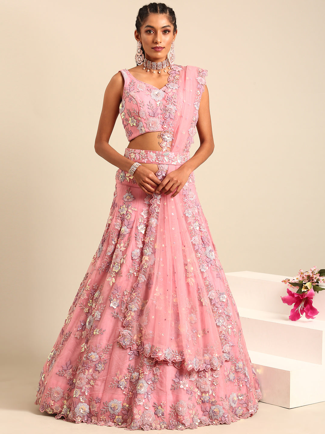 House of Panchhi PINK Net Sequins with heavy Zarkan embroidery Lehenga choli & Dupatta