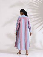 trueBrowns Blue Cotton Stripe Flared Shirt Dress - Distacart