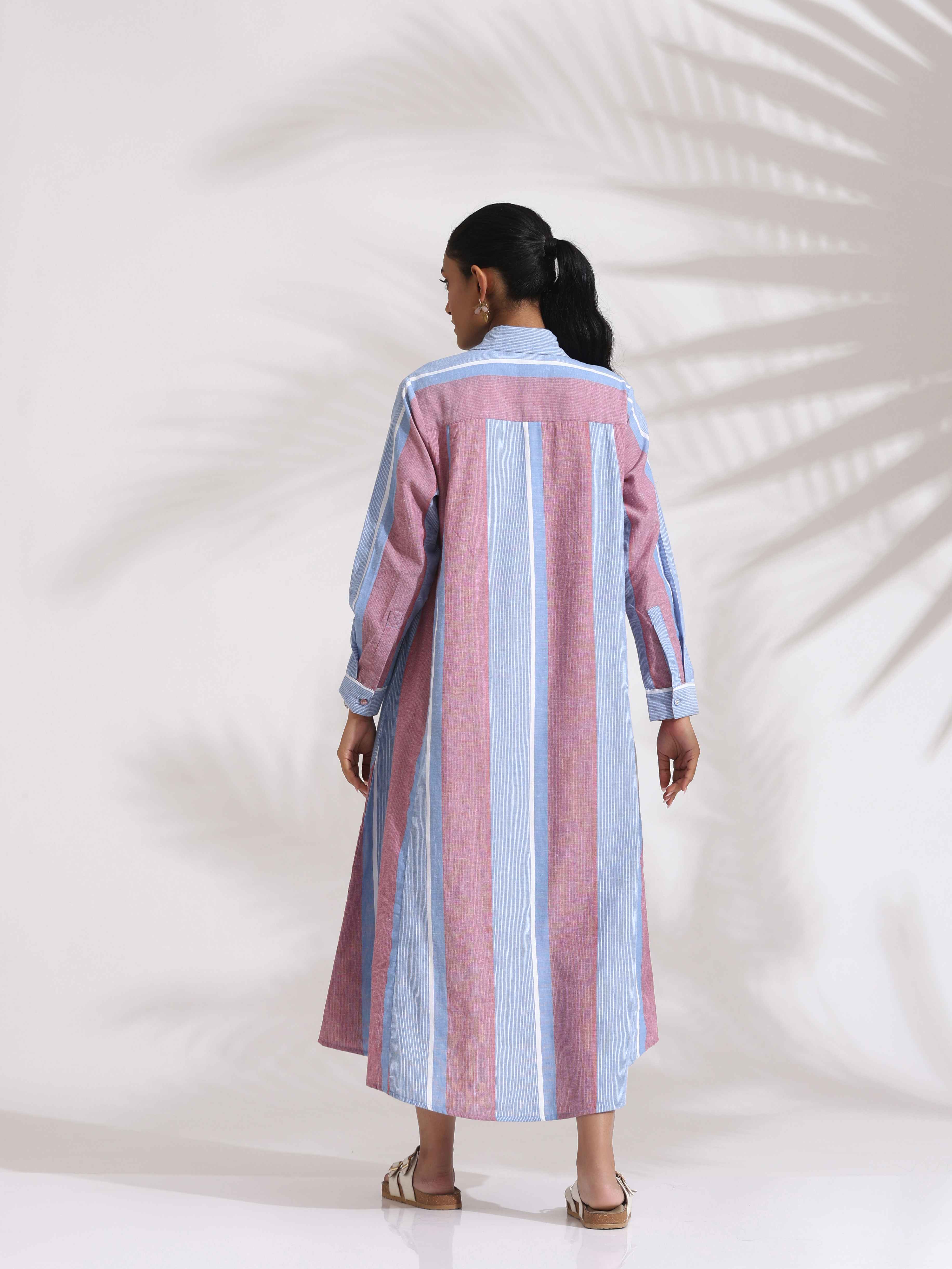 trueBrowns Blue Cotton Stripe Flared Shirt Dress - Distacart