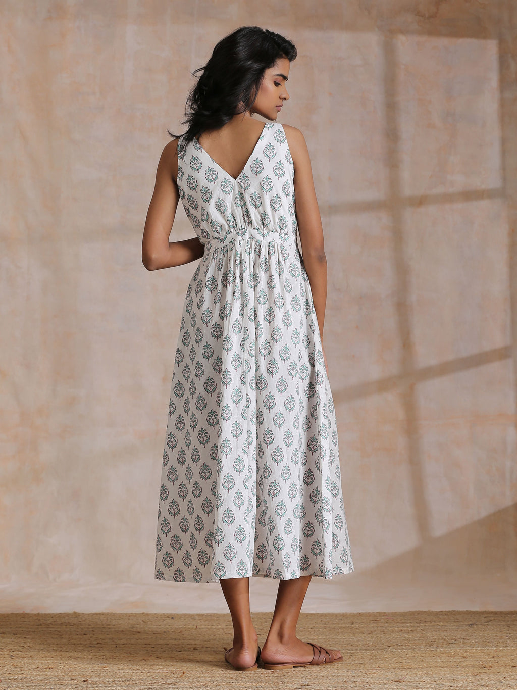trueBrowns Green Buta On White Block Print Cotton Sleeveless Wrap Dress - Distacart