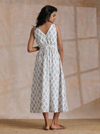 trueBrowns Green Buta On White Block Print Cotton Sleeveless Wrap Dress - Distacart