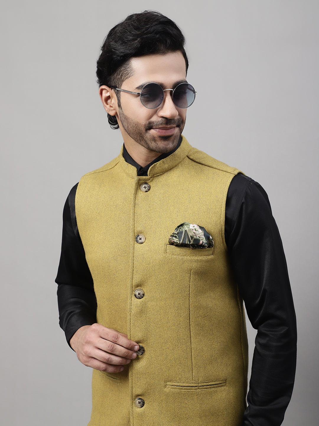 Even Apparels Men's Mustard Pure Wool Nehru Jacket