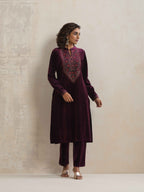 trueBrowns Purple Velvet Floral Embroidered Kurta Pant Dupatta Set - Distacart
