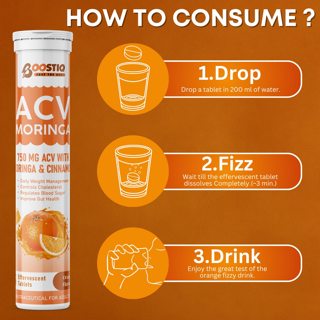 BOOSTIQ ACV Moringa & Cinnamon Effervescent Tablets - Orange Flavour