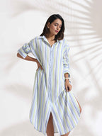 trueBrowns White Cotton Multi Stripe Shirt Dress - Distacart