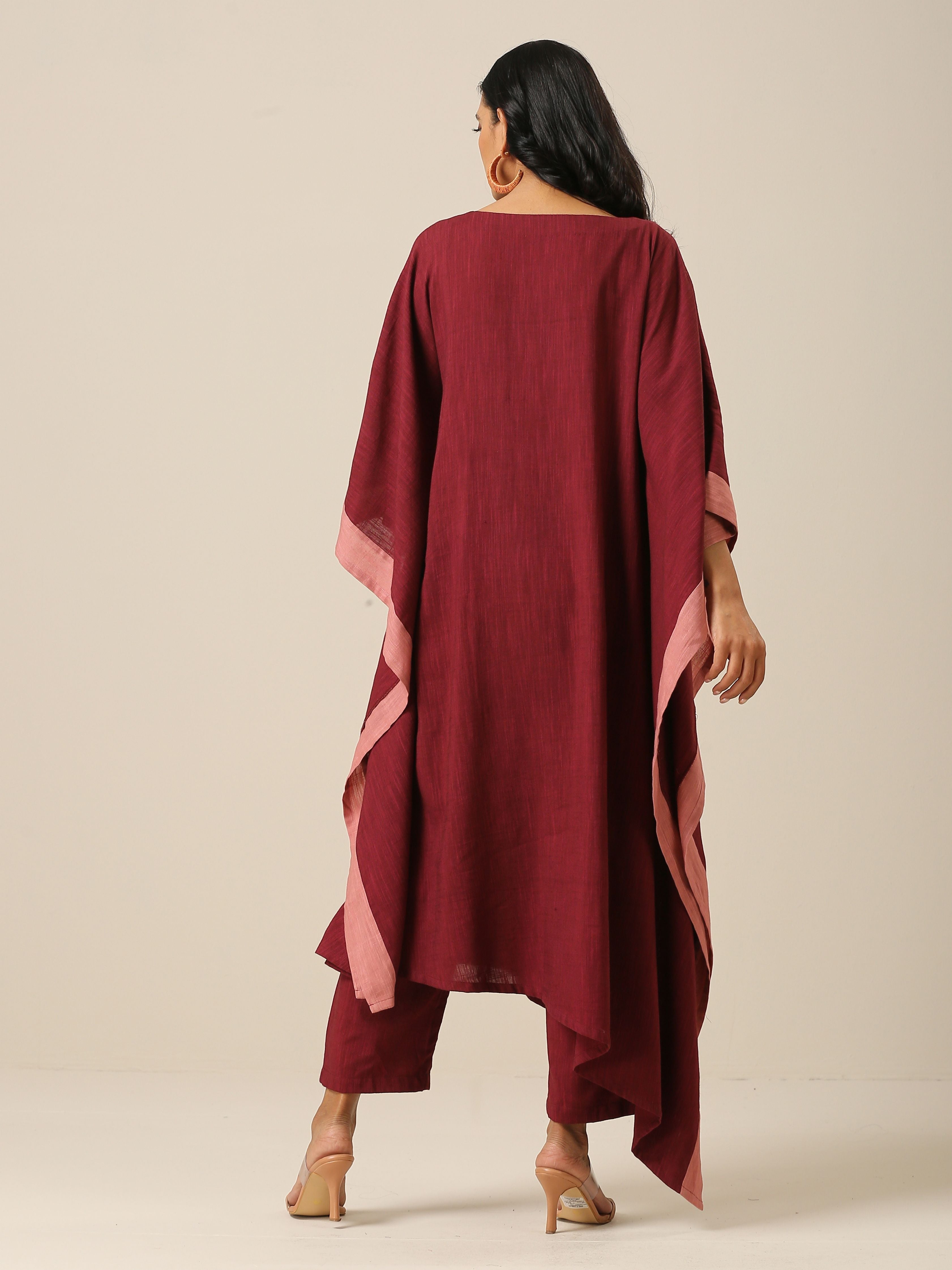 trueBrowns Ruby Wine Slub Texture High Low Kaftan Pant Set | Relove - Distacart