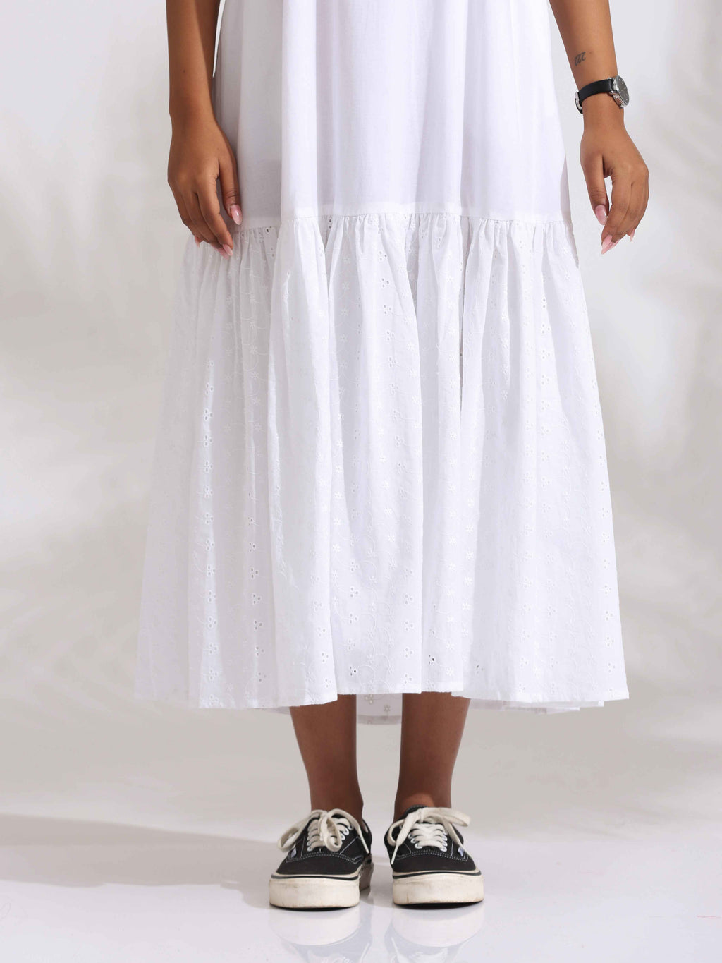 trueBrowns White Cotton Schiffli Tier Dress - Distacart