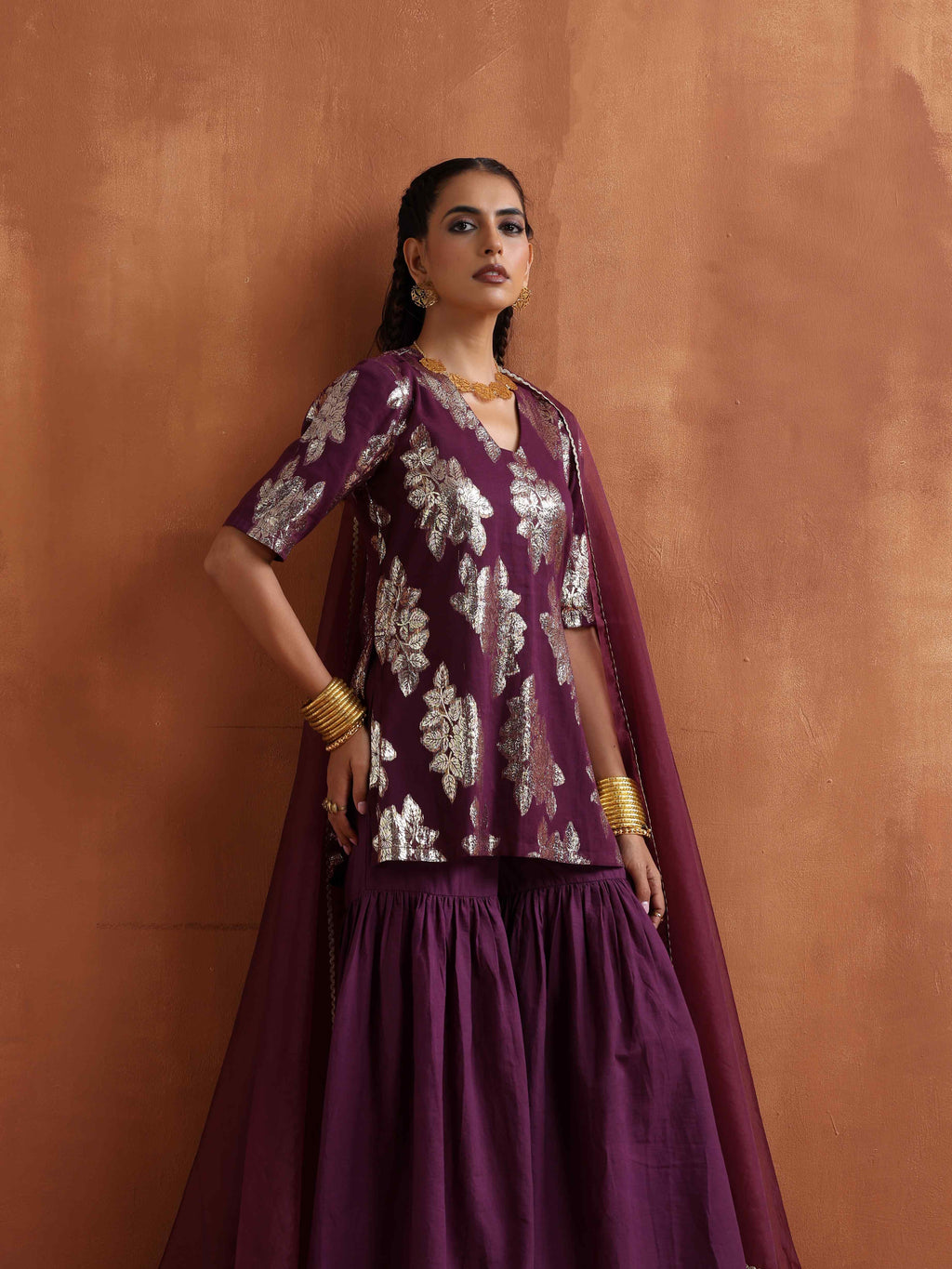 trueBrowns Purple Metallic Sharara Dupatta Set - Distacart