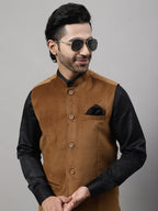 Even Apparels Men's Brown Nehru Jacket With Welt Pockets
