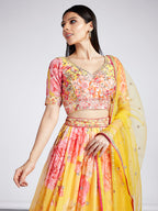 House of Panchhi Yellow Colour Organza Floral Design Digital Print Lehenga Choli & Dupatta