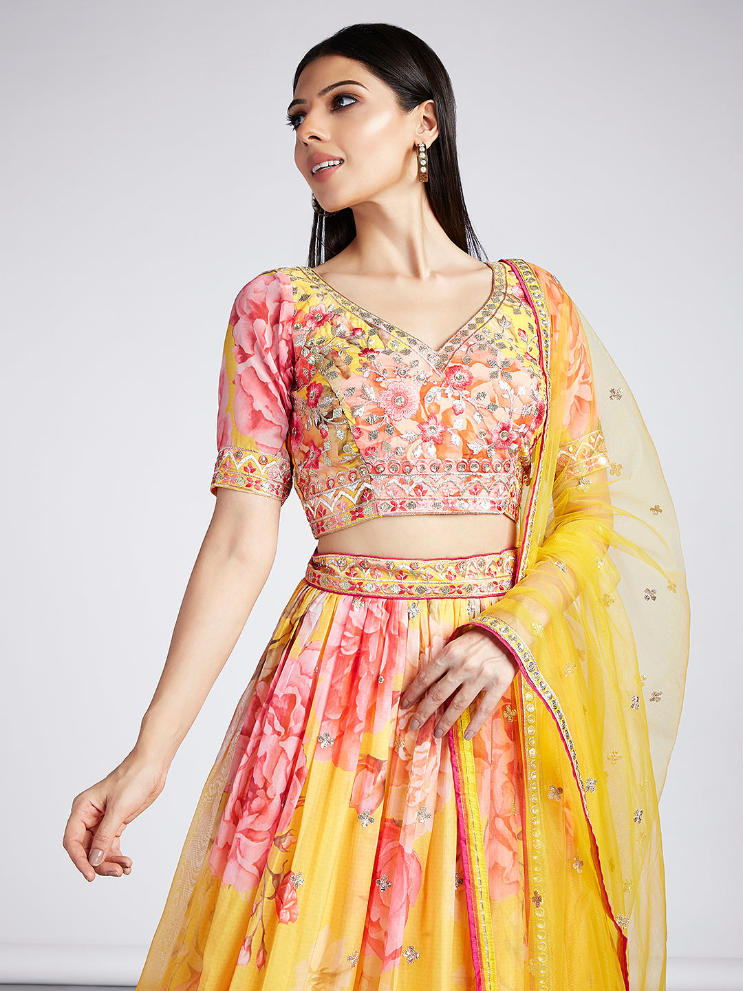 House of Panchhi Yellow Colour Organza Floral Design Digital Print Lehenga Choli & Dupatta