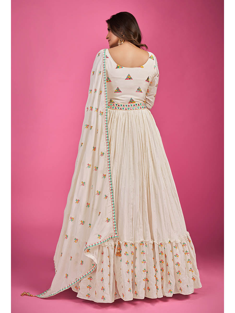 Myra White Chinon Silk Embroidered Gown - Distacart