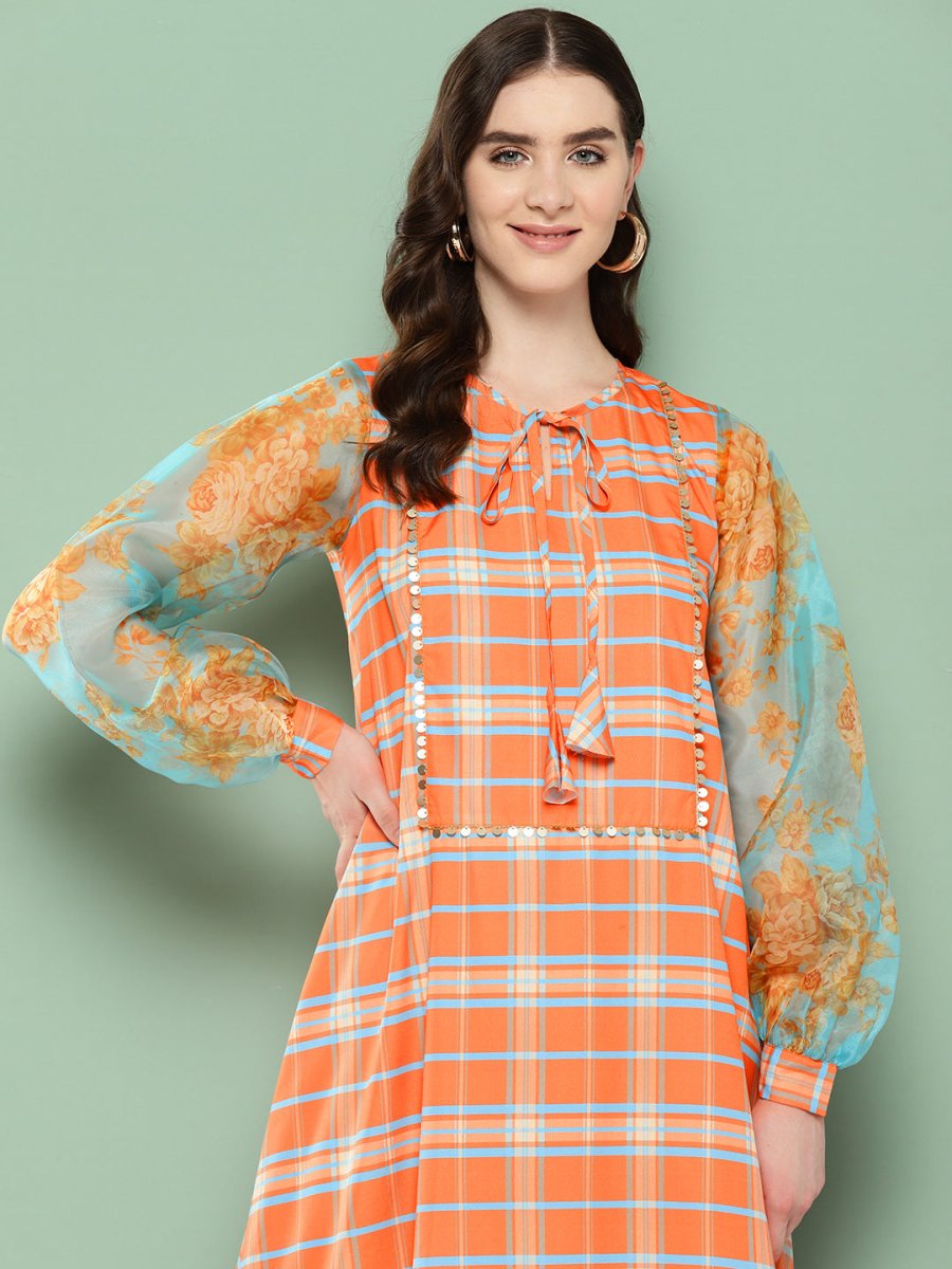 Ahalyaa Checked Tie-Up Neck Sequined Ethnic A-Line Midi Dress - Distacart
