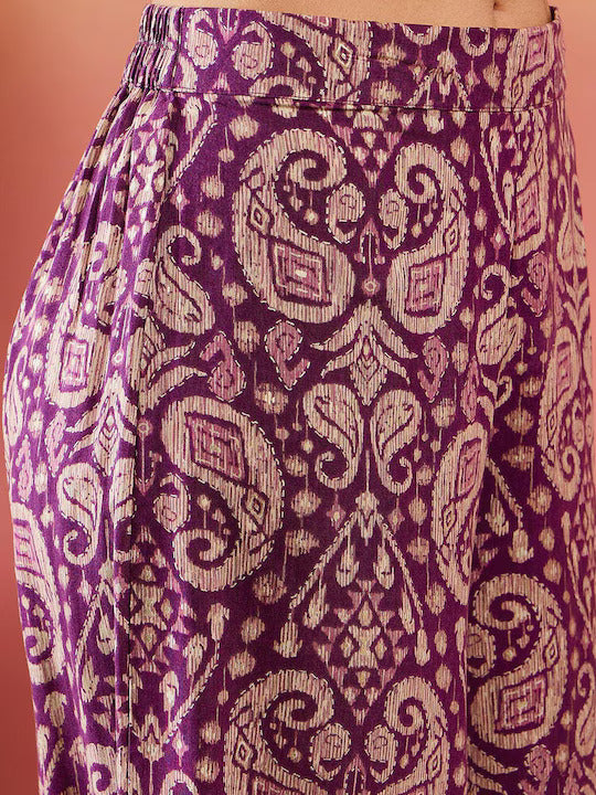 InWeave Dusty Mauve Paisley Round Neck Kurta Short Palazzo Set