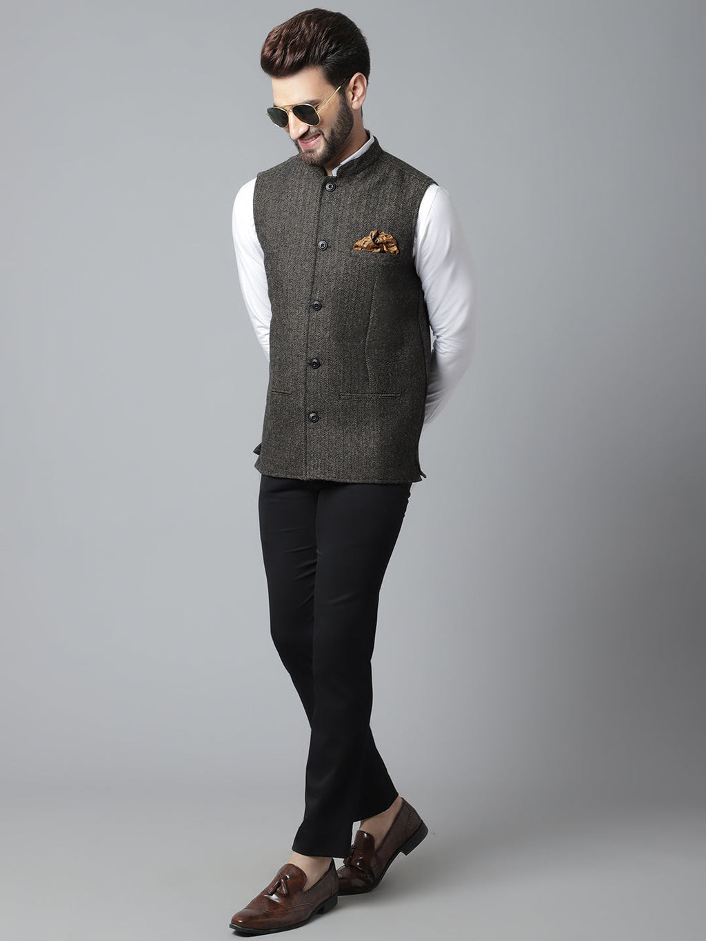 Even Apparels Men's Brown Pure Wool Nehru Jacket