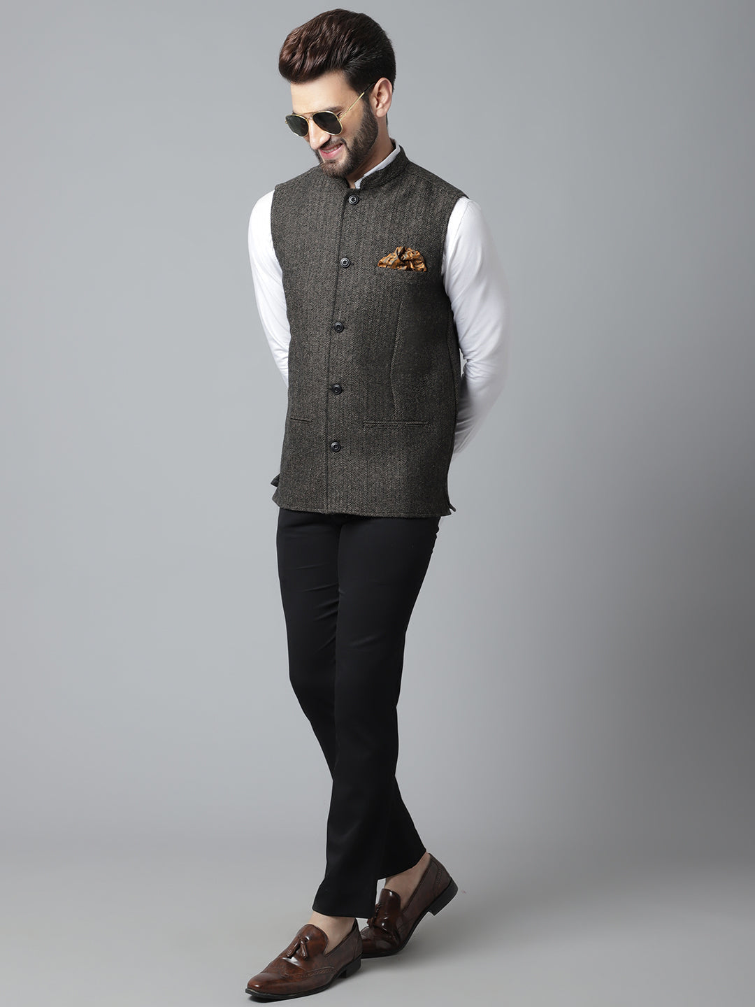 Even Apparels Men's Brown Pure Wool Nehru Jacket