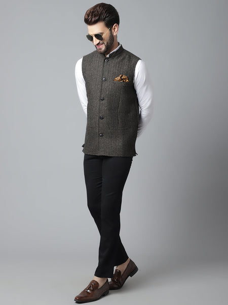 Even Apparels Men's Brown Pure Wool Nehru Jacket