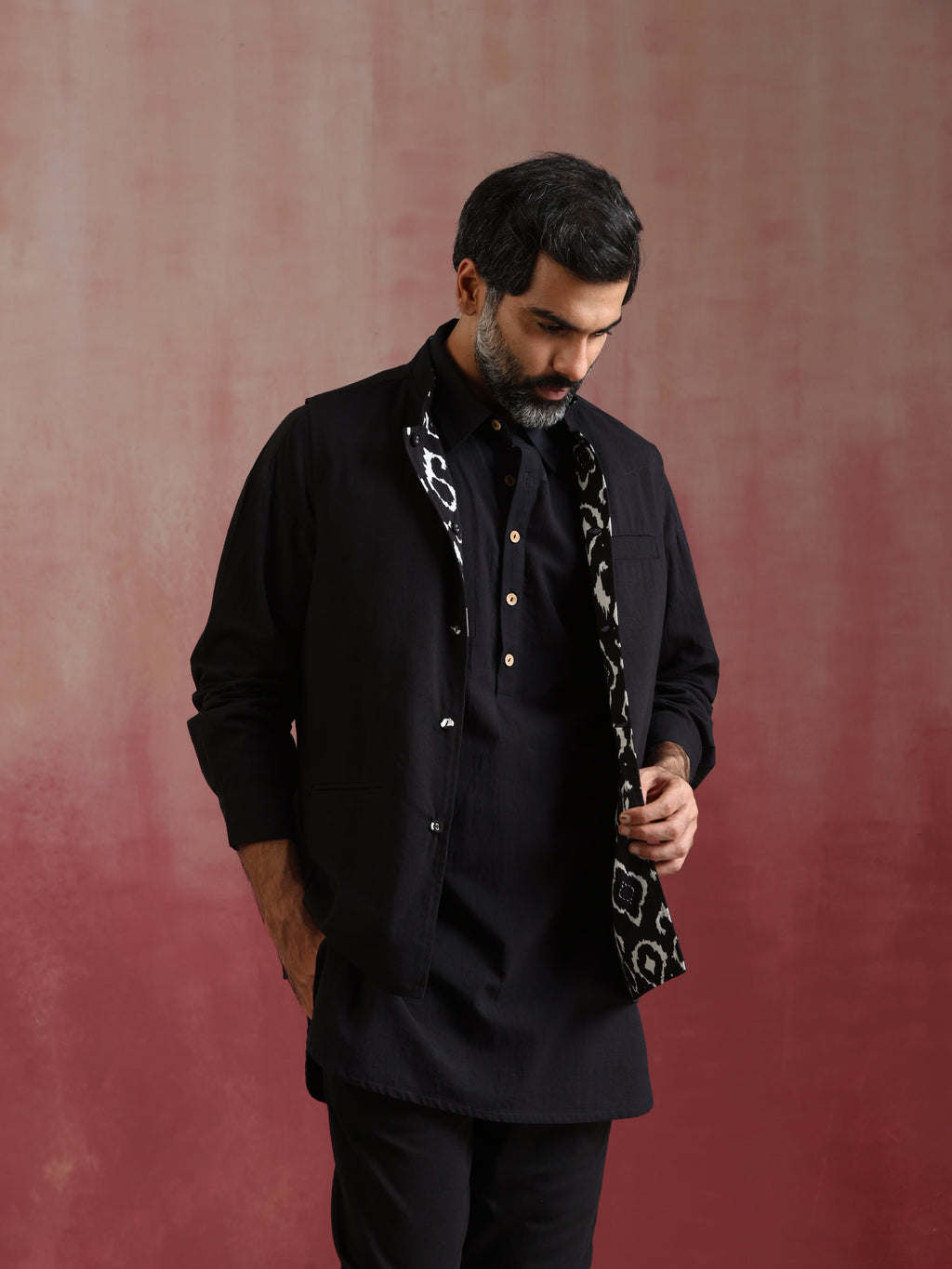 trueBrowns Men's Black Ikat Print Cotton Reversible Nehru Jacket