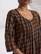 trueBrowns Black Cotton Print Pleated Flared Kurta Set - Distacart