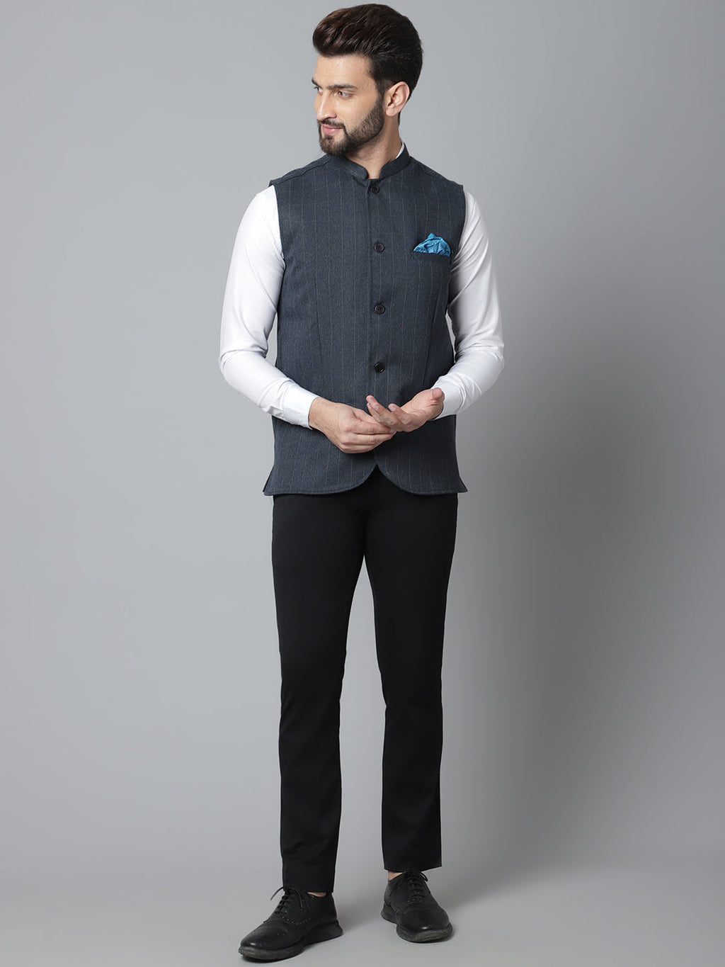 Even Apparels Men's Blue Nehru Jacket With Welt Pockets
