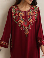 trueBrowns Maroon Kashmiri Floral Embroidered Woollen Phiran Kurta - Distacart