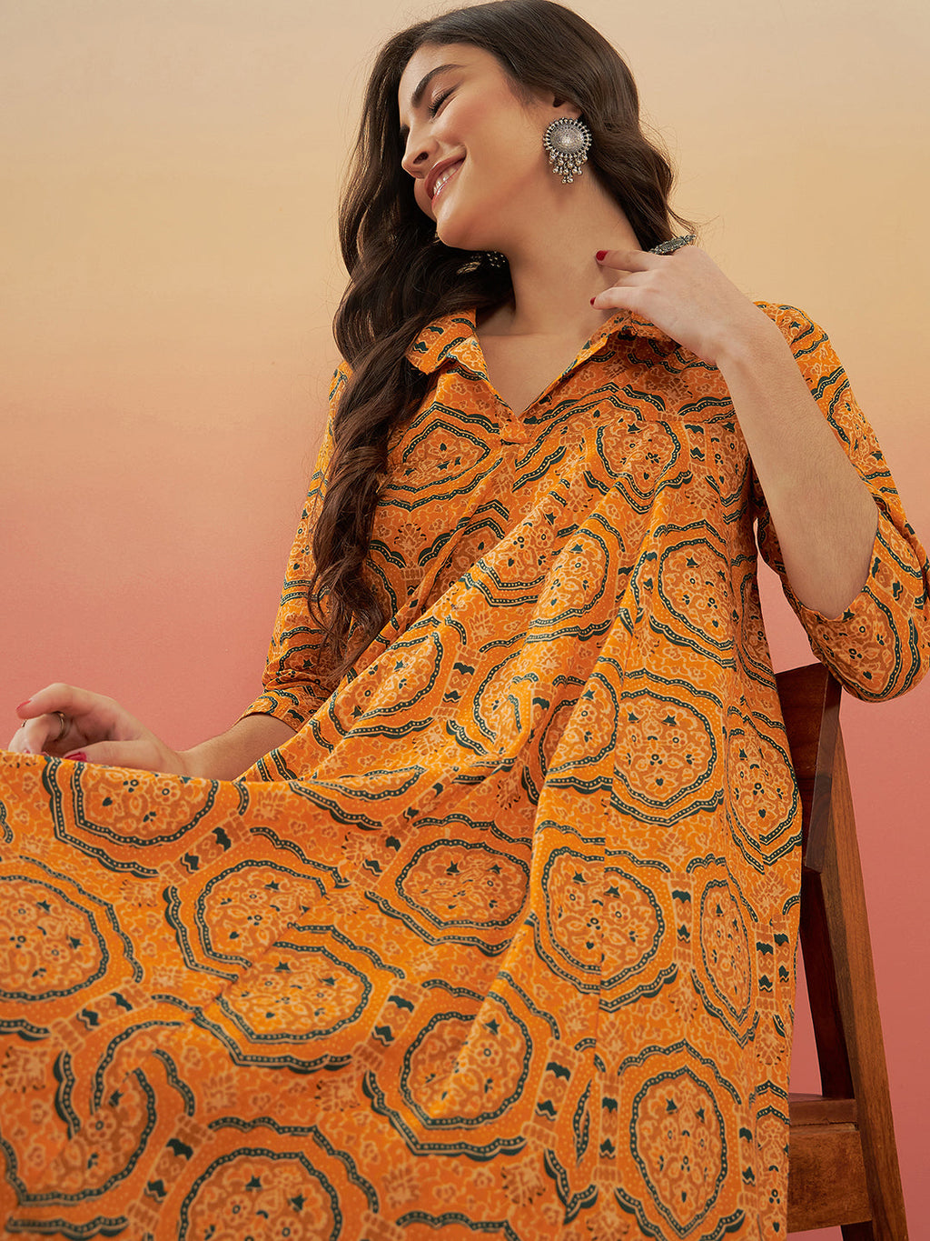 InWeave Women's Haldi Yellow Mughal Kalamkari Flared Dress - Distacart