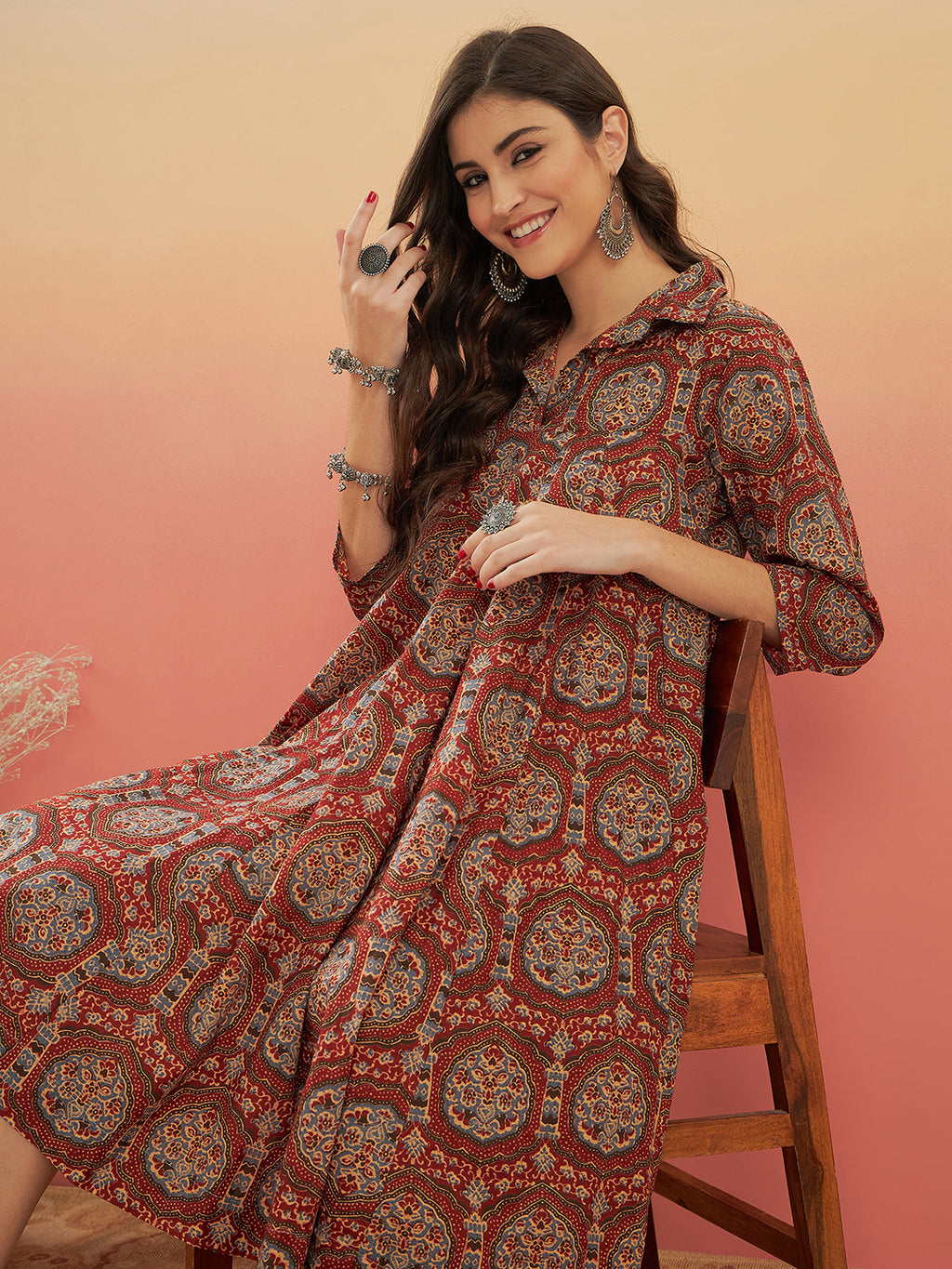 InWeave Women's Maroon Mughal Kalamkari Flared Dress - Distacart