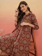 InWeave Women's Maroon Mughal Kalamkari Flared Dress - Distacart
