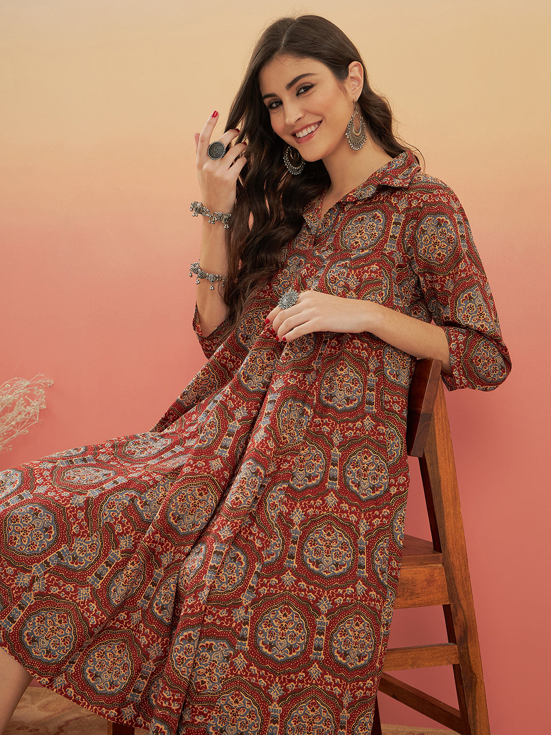 InWeave Women's Maroon Mughal Kalamkari Flared Dress - Distacart
