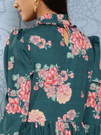 Ahalyaa Floral Print Puff Sleeves Tie-Up Neck Crepe Ethnic Gown With Cut-Out Detail - Distacart