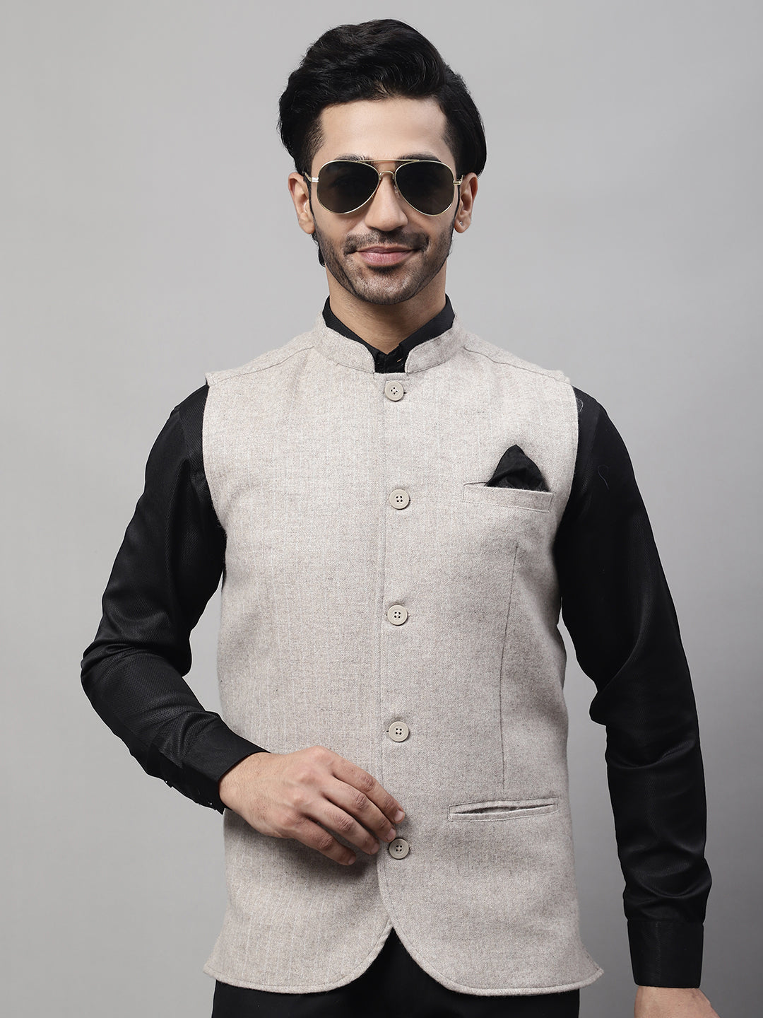 Even Apparels Men's Beige Pure Wool Nehru Jacket