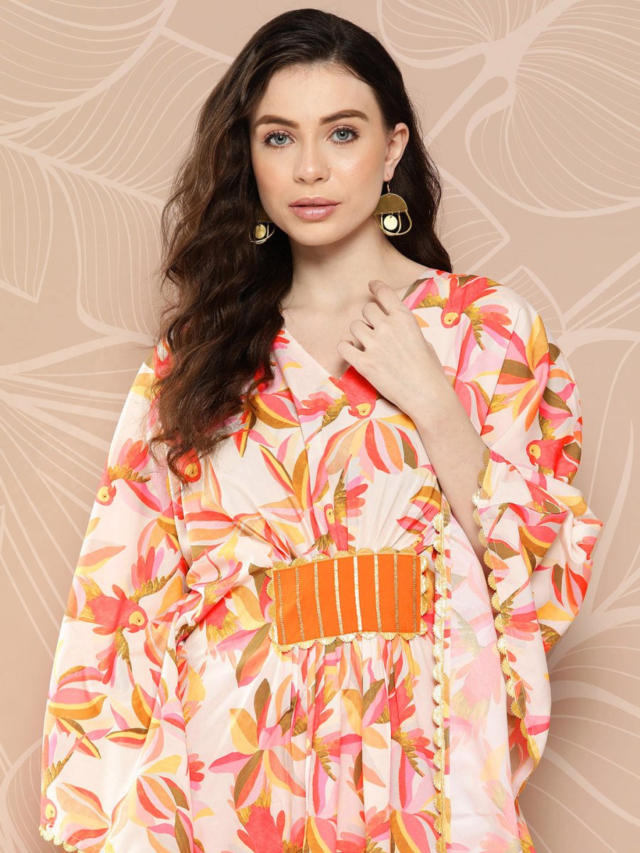 Ahalyaa Women Floral Printed Flared Sleeves Gotta Patti Crepe Kaftan Kurta - Distacart