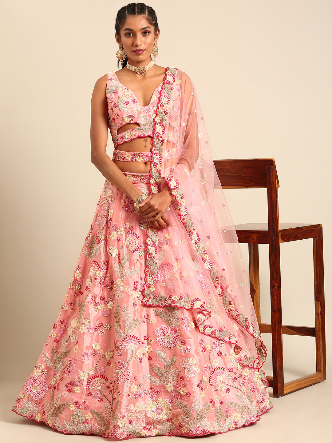 House of Panchhi Pink Organza Sequins And Zarkan Embroidery Lehenga Choli & Dupatta