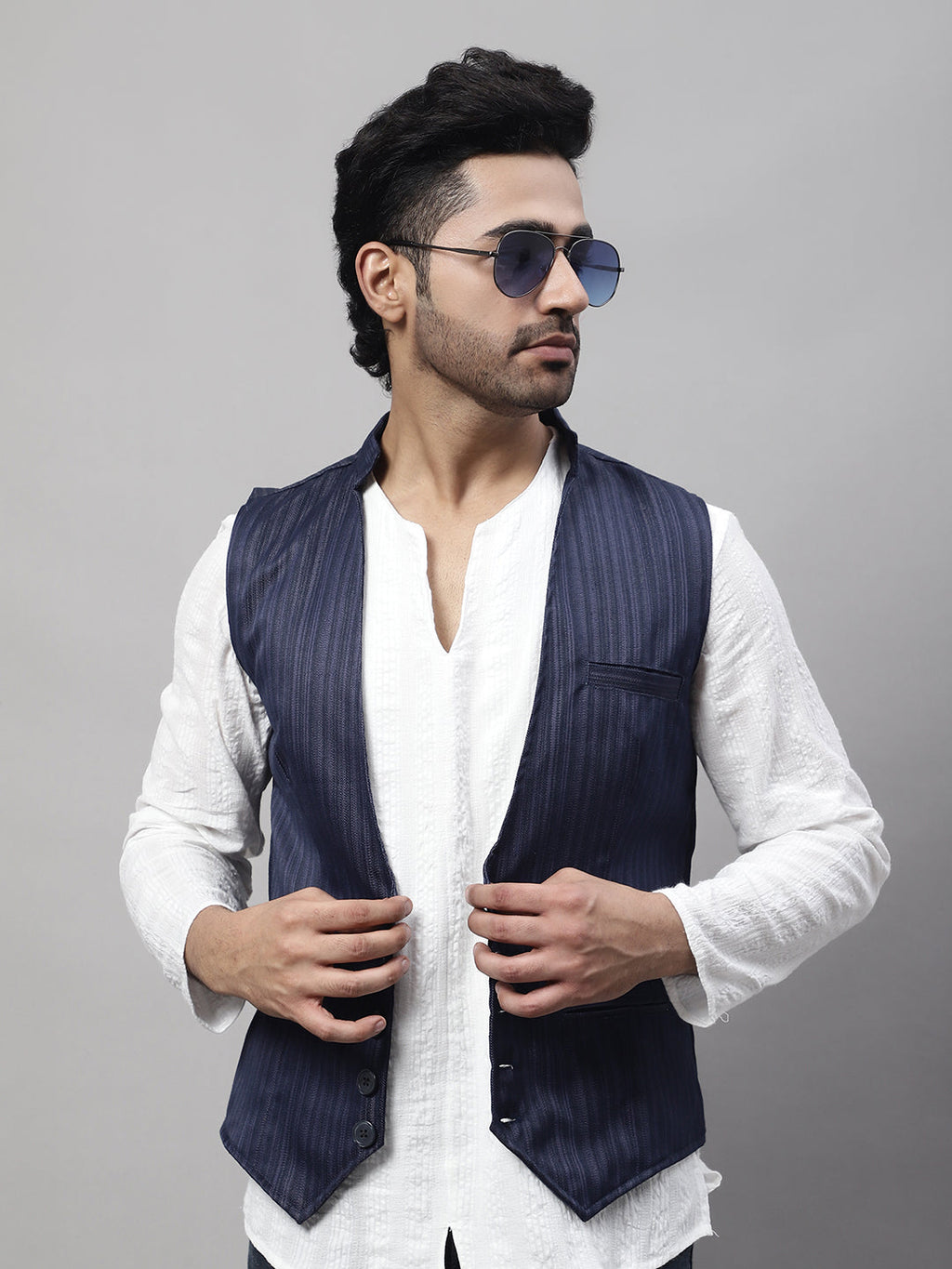 Even Apparels Men's Blue Nehru Jacket With Welt Pockets