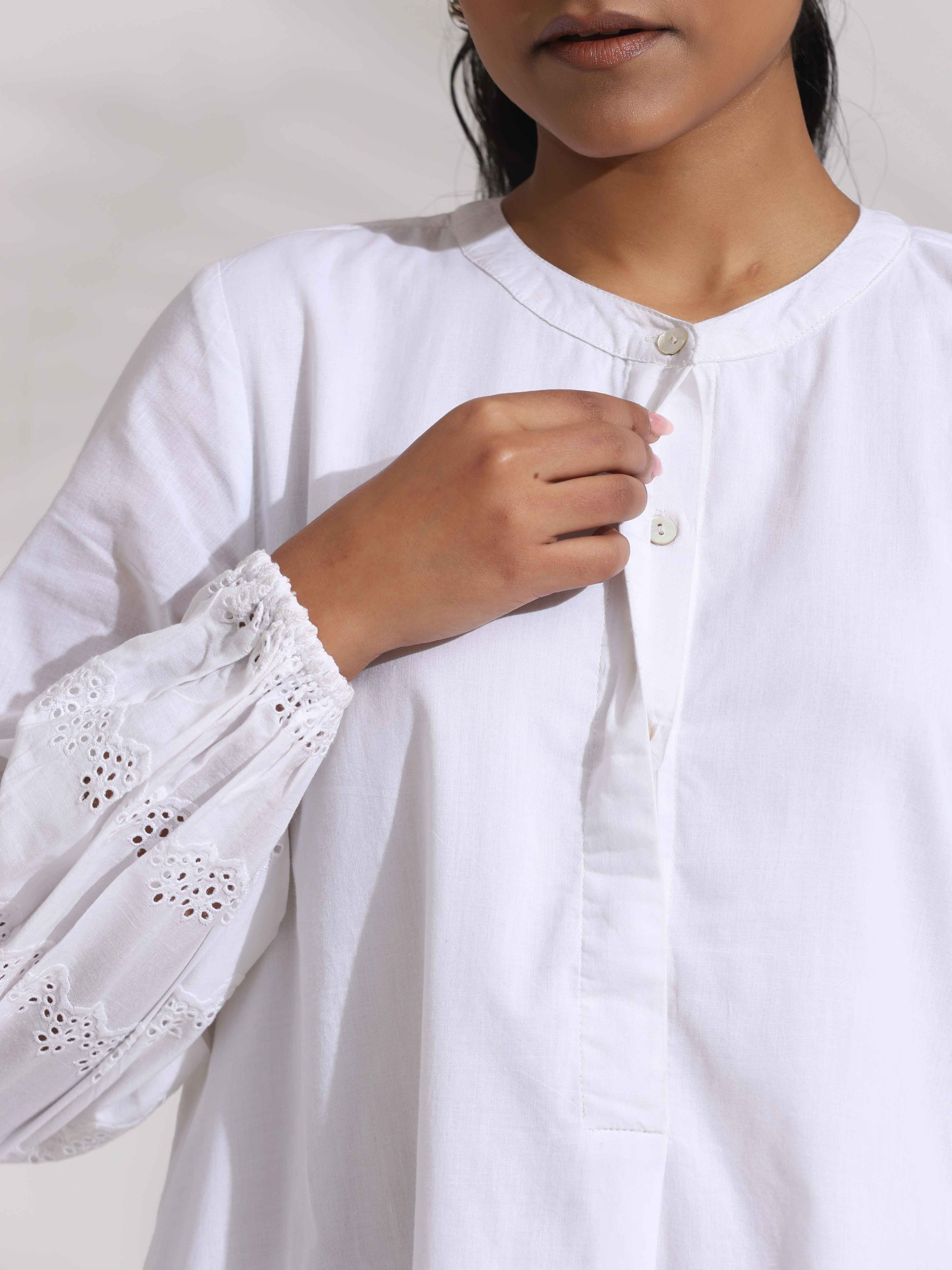 trueBrowns White Cotton Schiffli Short Dress - Distacart