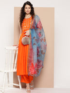 InWeave Women's Orange Mirror Work Aline Strappy Kurta Set Blue Fuchsia Or Dupatta