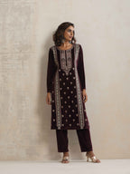 trueBrowns Purple Velvet Embroidered Kurta Pant Dupatta Set - Distacart