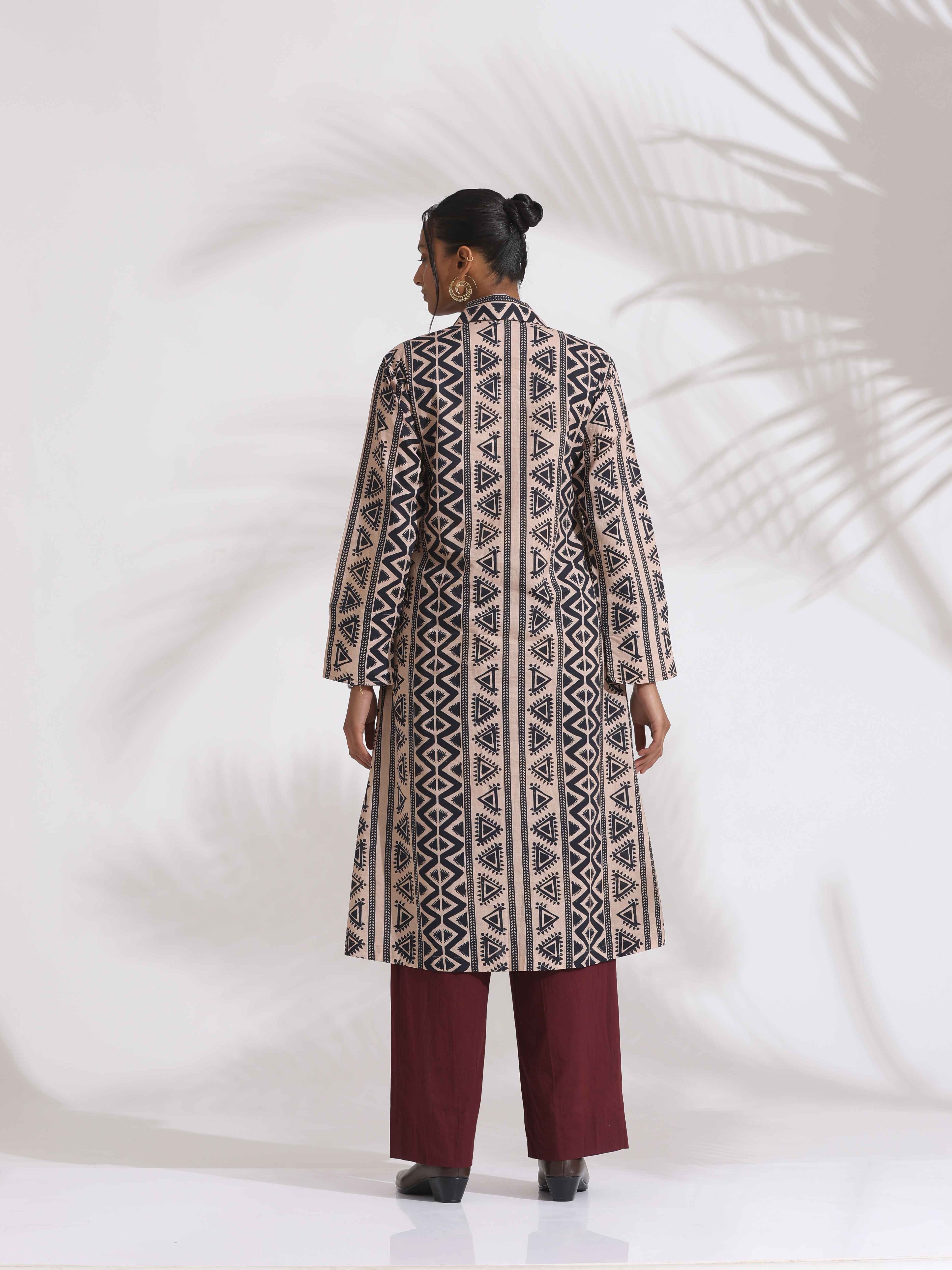 trueBrowns Beige Cotton Geometric Print Shirt Kurta Set - Distacart
