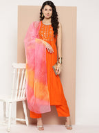 InWeave Women's Orange Mirror Work Aline Strappy Kurta Set W Pink Yellow Leh Dupatta