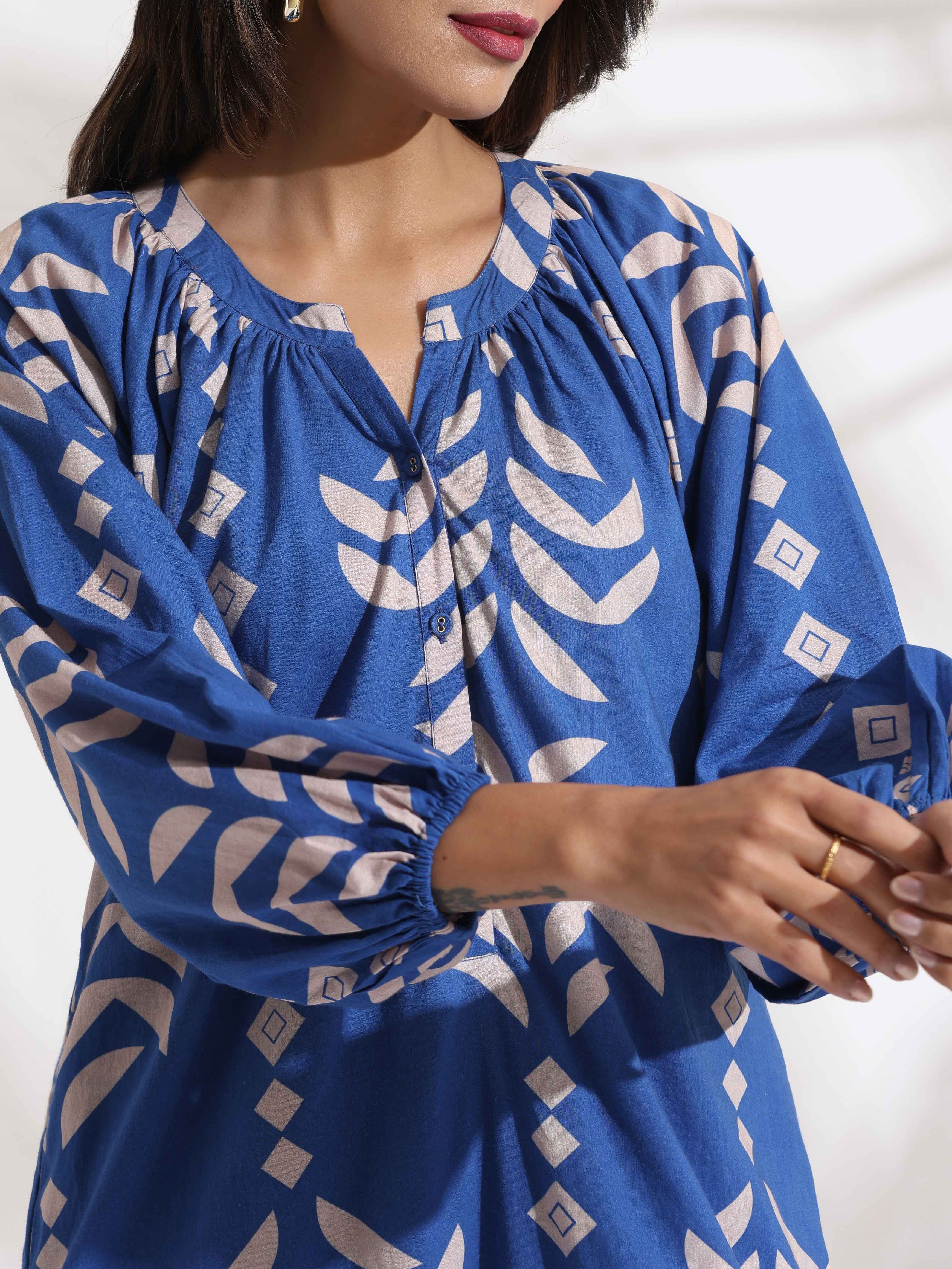 trueBrowns Blue Cotton Print Dress - Distacart