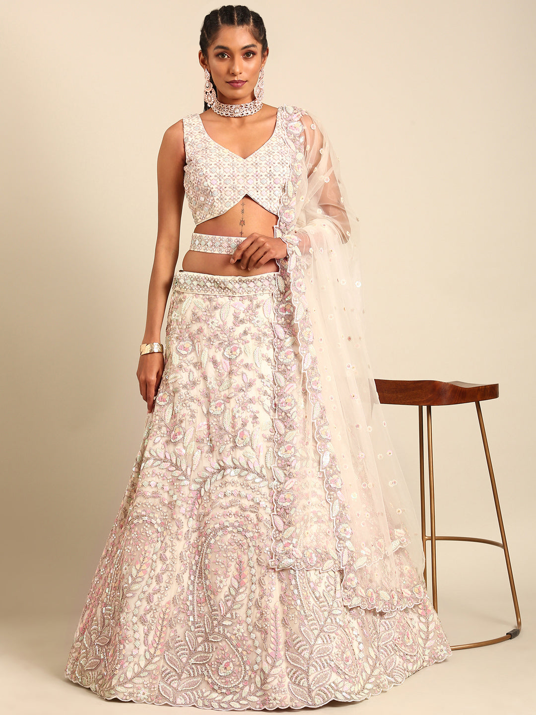 House of Panchhi Cream Net Multi Sequins with heavy Zarkan embroidery Lehenga choli & Dupatta