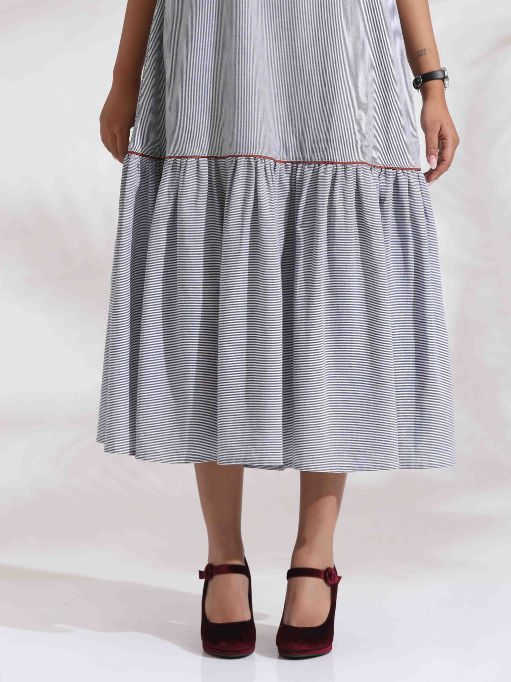 trueBrowns trueBrown Grey Cotton Stripe Tier Dress - Distacart