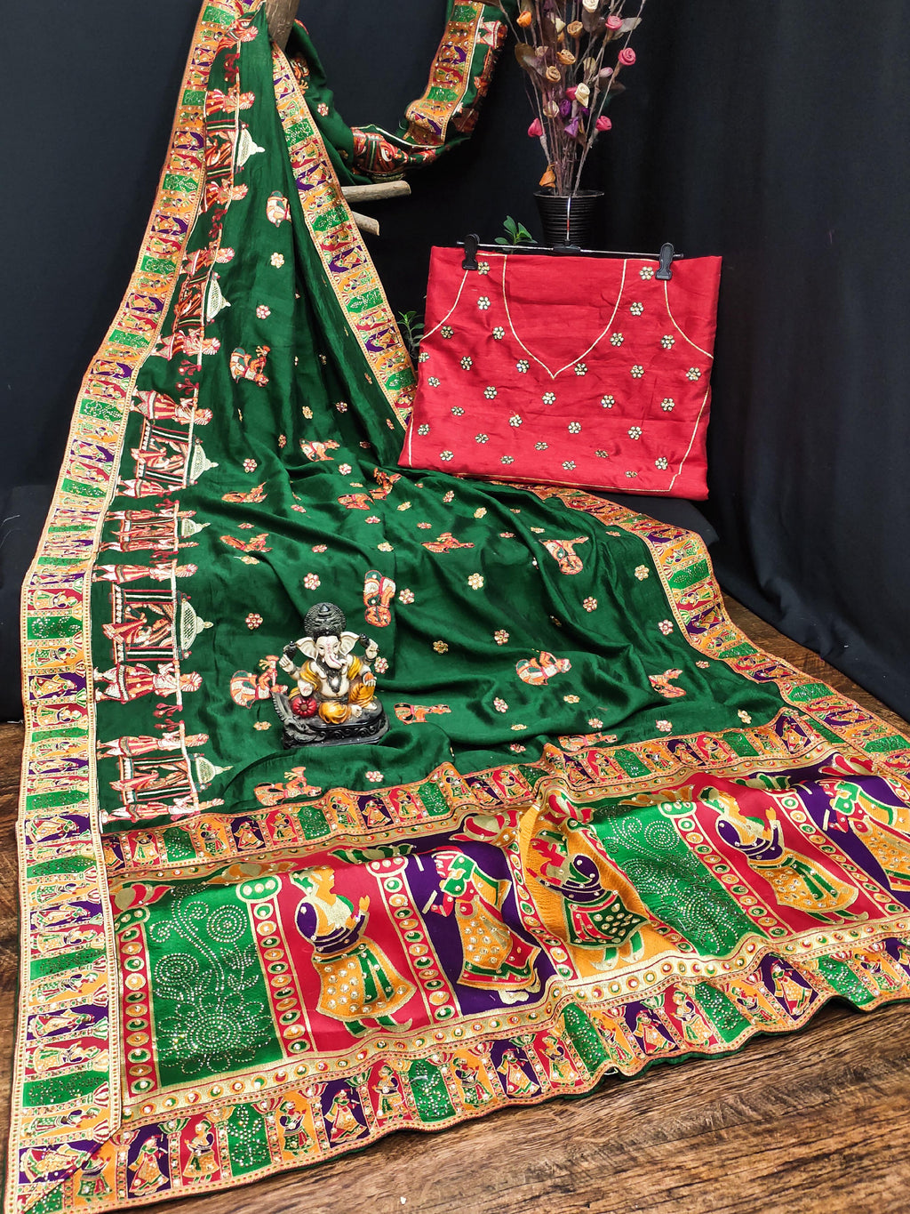 Lorenvalley Fashion Premium Green Vichitra Silk Embroidery and Diamond work Both Side Saree