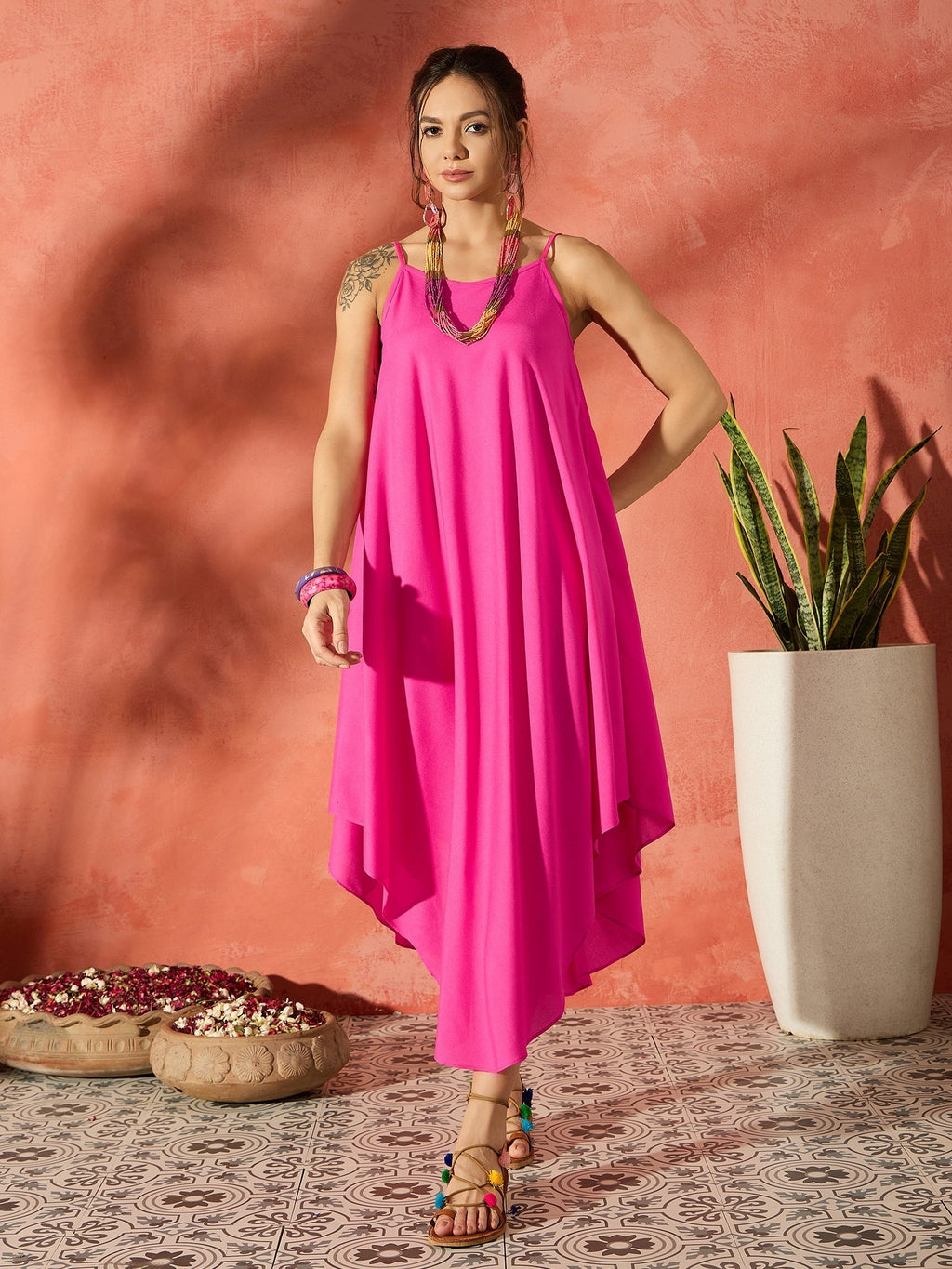 InWeave Blue Floral Fuchsia Asymmetrical Dress - Distacart