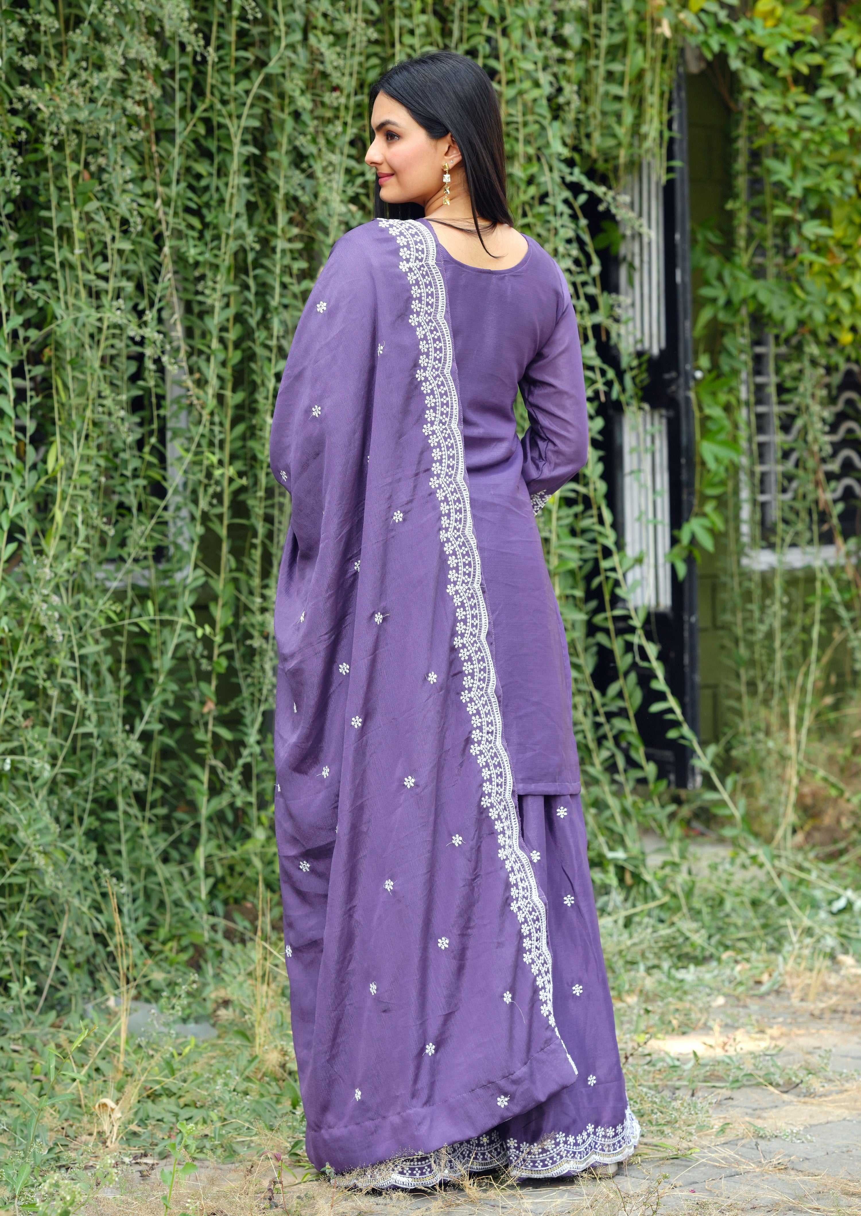 Yash Enterprise Alluring Sequence Embroidered Work Lavender Silk Readymade Salwar Suit - Distacart