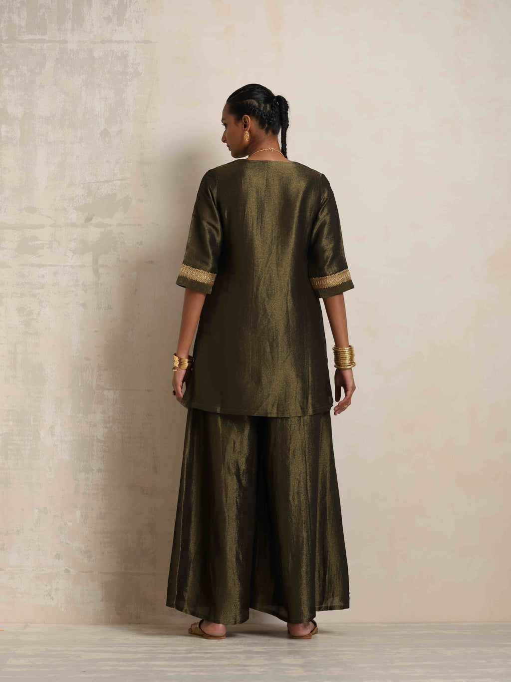 trueBrowns Olive Green Tissue Sharara Set - Distacart