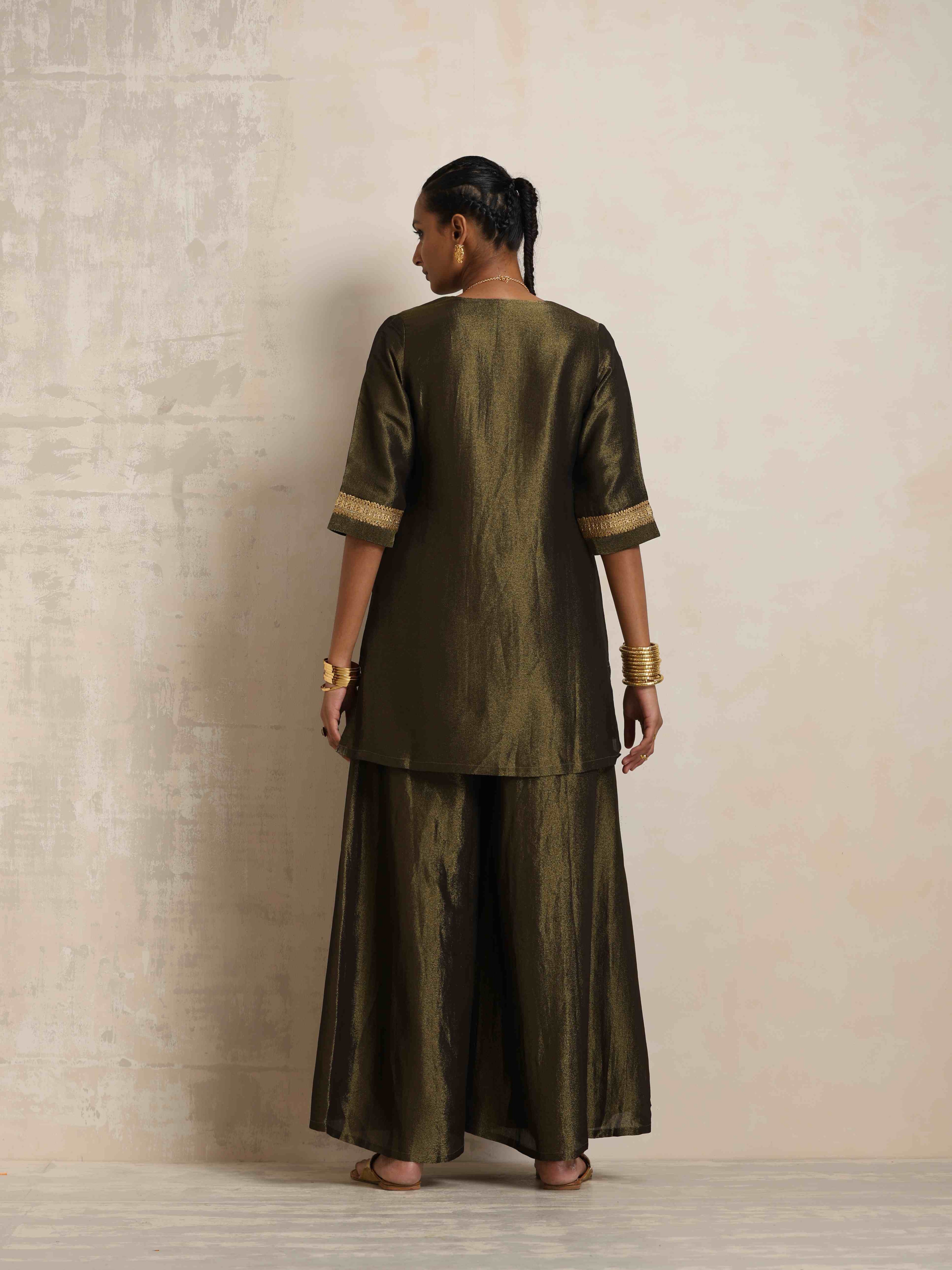trueBrowns Olive Green Tissue Sharara Set - Distacart