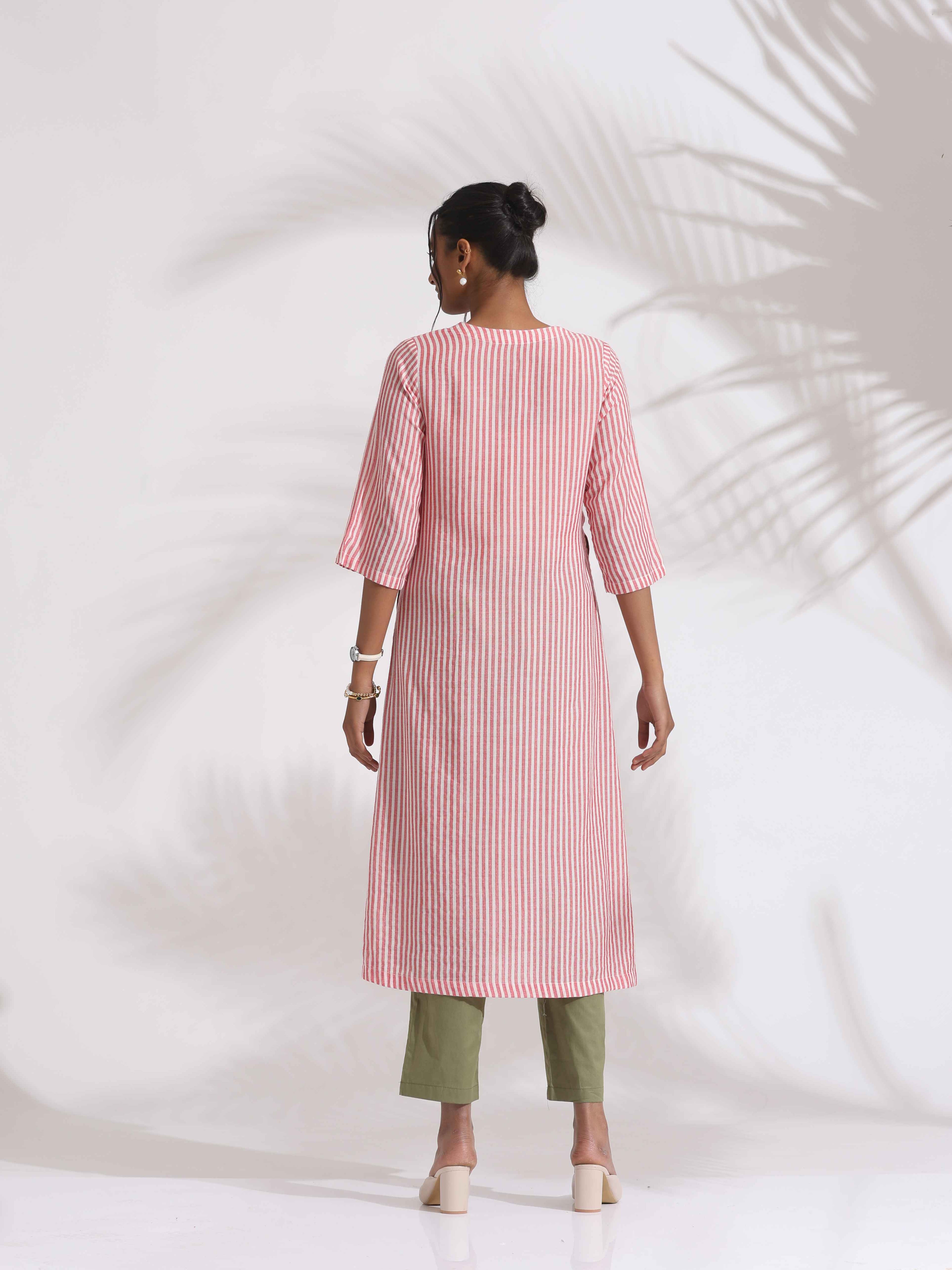 trueBrowns Red Cotton Stripe Straight Kurta Set - Distacart