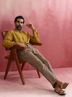 trueBrowns Men's Mustard Cotton Mandarin Collar Stylized Kurta