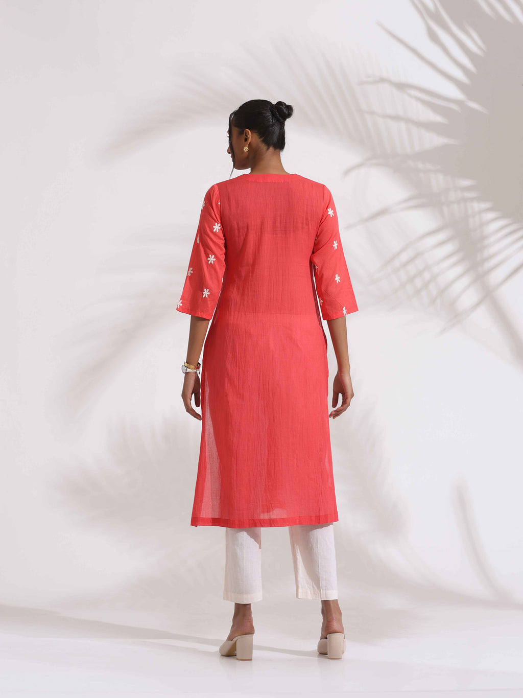 trueBrowns Orange Cotton Floral Embroidered Kurta Set - Distacart
